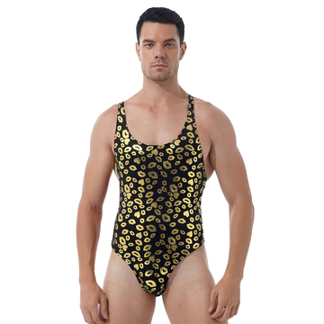 Male Skull Print Bodysuit Underwear / Round Neck Sleeveless High Cut Leatord Jumpsuit - EVE's SECRETS